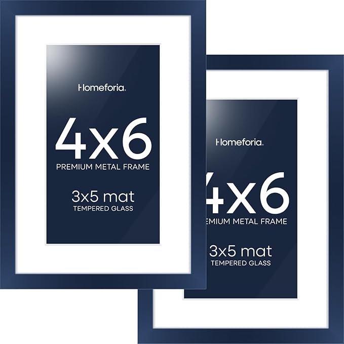 Homeforia Navy Blue 4x6 Picture Frame, High End Metal 4 x 6 Frames with Mat 3 x 5 for Print, 4by6 Desk Frame Matted to 3x5 inch Photo, 4 by 6 Wall or Tabletop Frame, Tempered Glass, Wall Kit, Set of 2