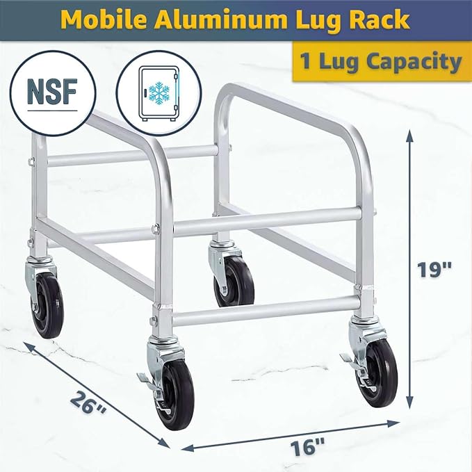 16"x26"x19" Mobile Aluminum Lug Rack with Grey Meat Lug Tote Box - NSF Heavy-Duty 1 Lug Capacity Food Storage Cart with 5" Swivel Casters, Freezer Safe, Commercial Cart for Seafood, Ingredients