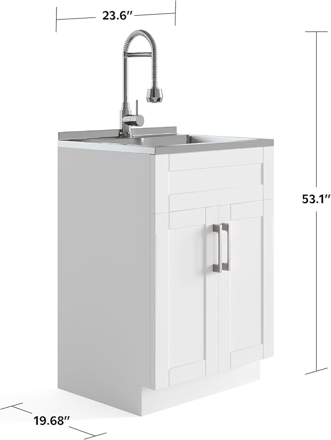 SIMPLIHOME Hennessy All-in-One 24 inch Wide Utility Sink and Laundry Cabinet in Pure White Finish, Transitional Stainless Steel Sink Cabinet for Laundry Rooms with High-Arch Chrome Faucet and Storage