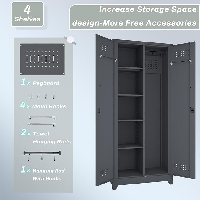 72.8" H Storage Cabinets,Broom Closet Storage Cabinet with Adjustable Shelves,Metal Lockable Storage Cabinet with Locking Doors,Tall Utility Cabinets for Garage,Laundry,Office,Grey