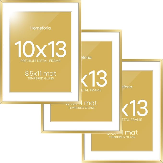 Homeforia 10x13 Picture Frame Gold, High End Metal 10x13 Poster Frames with Mat for 8.5x11, 10 x 13 Gold Frames Matted to 8.5 x 11 inch Photo, 10by13 Hanging Frames, Tempered Glass, Wall Kit, Set of 3