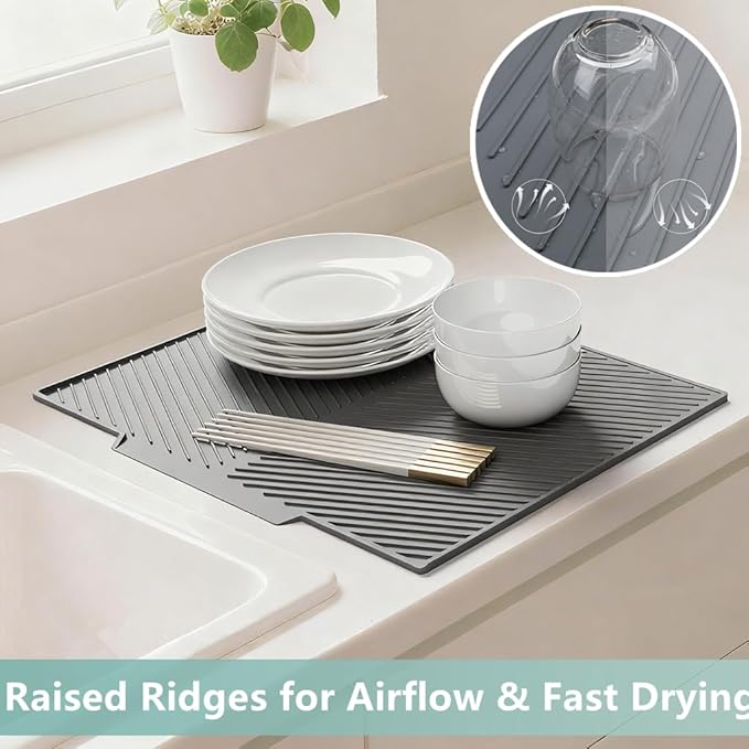 Dish Drying Mat, Silicone Dish Drying Mat for Kitchen Counter, Dish Drainboard with Built-in Drain, Non-silp, Heat Resistant, Dishwasher Safe (Gray, 20"x17")