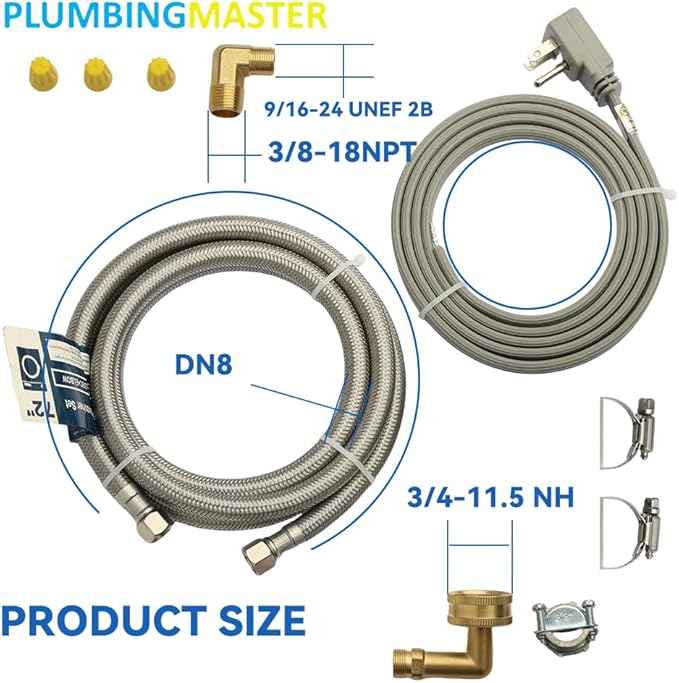 PLUMBERMASTER Dishwasher Installation Kit, 6ft Water Supply Line with with 3/8" x 3/8" Compression,3-Prong Straight Power Cord, Elbow Connectors&Adapters,Braided Stainless Steel Dishwasher hose Kit