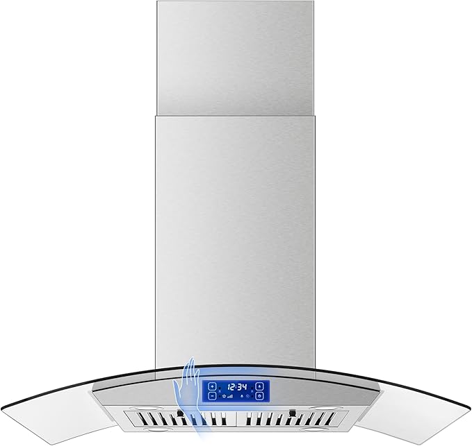 Island Range Hood 36 inch 700 CFM Ceiling Mount Kitchen Stove Hood Ducted with Tempered Glass 4 LED Lights Touch Control 3 Speed Fan Permanent Filters