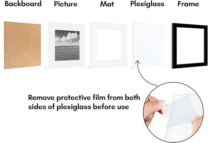 Americanflat 9x9 Picture Frame with Polished Plexiglass - Set of 5 - Use as 6x6 Frame with Mat or Display 9x9 Photo Without Mat - Galleria Collection - Square Frames for Tabletop and Wall - Black