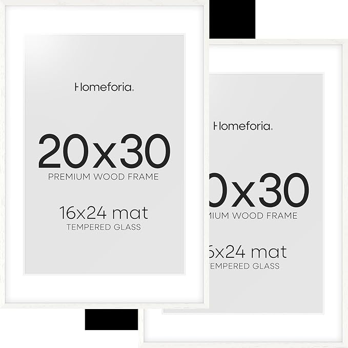 Homeforia White 20 x 30 Frame, High End Oak 20 x 30 White Wood Poster Frames with Mat 16 by 24 Photo, 20x30 Wooden Picture Frame Matted to 16x24, 30x20 Large Frames, Tempered Glass, Wall Kit, Set of 2