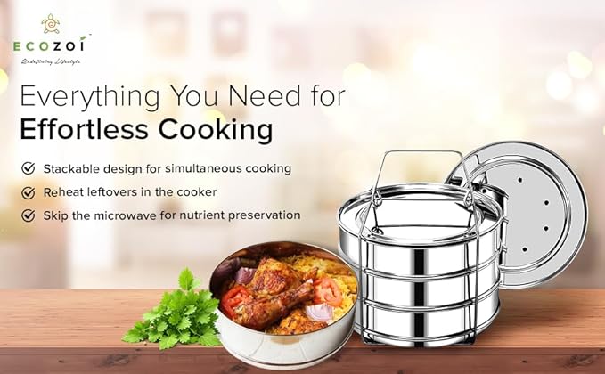 ecozoi Instant Pot Stackable Insert Pans for 6 & 8 Quart, 3 Tier Steamer Insert Pans for Instant Pot Pressure Cooker, Pot in Pot for Baking, Steaming & Casseroles, 2 Interchangeable Lids and Sling
