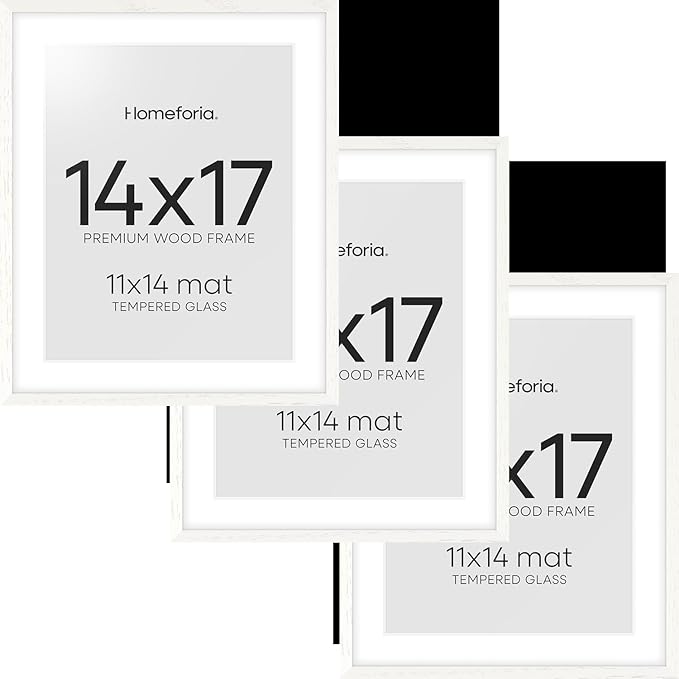 Homeforia 14x17 Picture Frame White, High End Oak 14x17 White Wood Frame with Mat 11x14 Photo, 14 x 17 Wooden Poster Frames Matted to 11 by 14, 17x14 Hanging Frames, Tempered Glass, Wall Kit, Set of 3