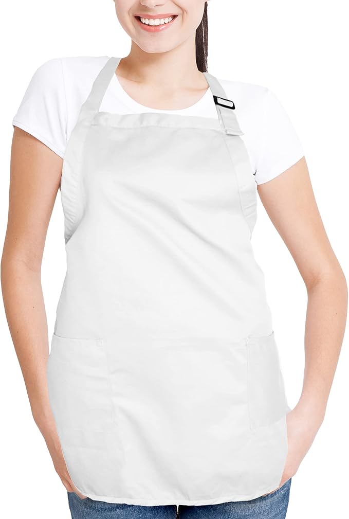 DALIX Apron Commercial Restaurant Home Bib Spun Poly Cotton Kitchen Aprons (2 Pockets) in White