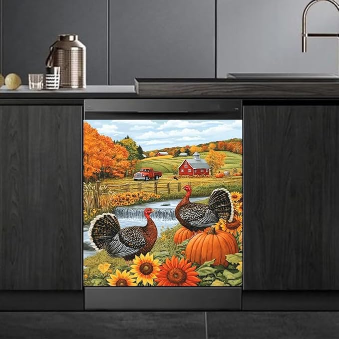 Autumn Farm Scene with Pumpkins Magnetic Dishwasher Cover Vinyl Sticker,Thanksgiving Turkeys Dishwasher Magnet Cover, Fridge Door Cover Magnets Art Skin Panel Decal for Home Decor, 23"X26"