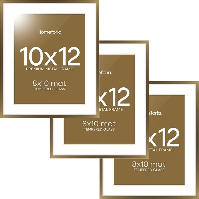 Homeforia 10x12 Bronze Picture Frame, High End Metal 10x12 Brass Frame with Mat 8x10, 10 x 12 Poster Frames Matted to 8 x 10 inch Photo, 10 by 12 Bronze Thin Frames, Tempered Glass, Wall Kit, Set of 3