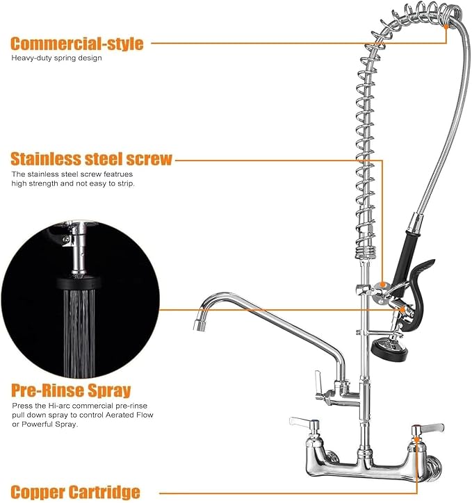 Commercial Faucet with Sprayer for Kitchen Staff: 43 Inches Commercial Faucet Pre Rinse Sprayer 8 inch Center Wall Mount Kitchen with 12 inch Add on Spout