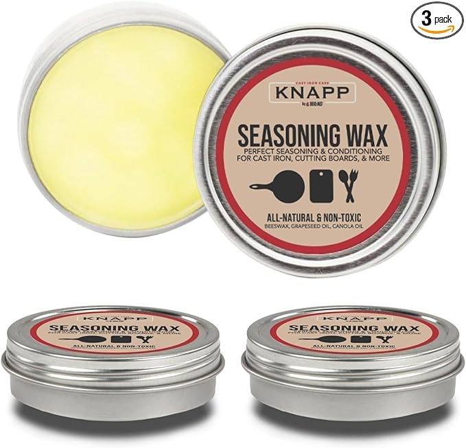 Knapp Made Cast Iron Seasoning Wax and Carbon Steel Seasoning Wax - 2 Oz Unique Blend of Natural Oils and Beeswax - Restore Cast Iron, Steel, Cutting Board, Kitchenware (3 Pack)
