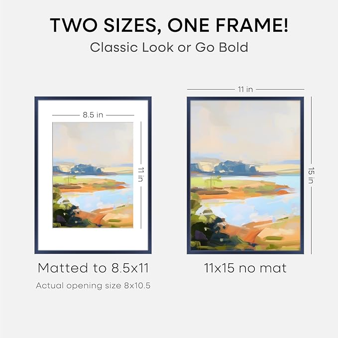 Homeforia 11x15 Picture Frame Navy Blue, High End Metal 11x15 Wall Hanging Frame with Mat 8.5x11, 11 x 15 Poster Frames Matted to 8.5 x 11 inch Photo, 11by15 Frames, Tempered Glass, Wall Kit, Set of 1