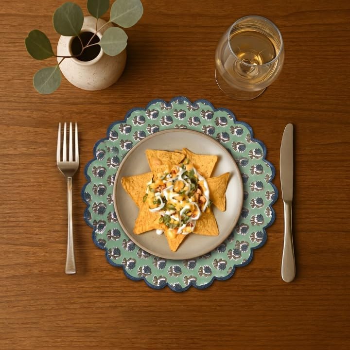 Ridhi Floral Block Print Round Placemats 15 Inch, Set of 4, Basil Green