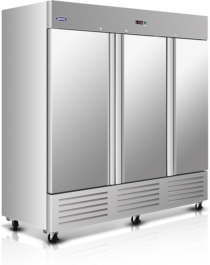 81" W Commercial Reach-In Upright Refrigerator - 3 Door Stainless Steel Fridge, 72 Cu.ft Capacity, 3 Adjustable Shelves, Auto Defrost, Digital thermostat control, LED Lighting