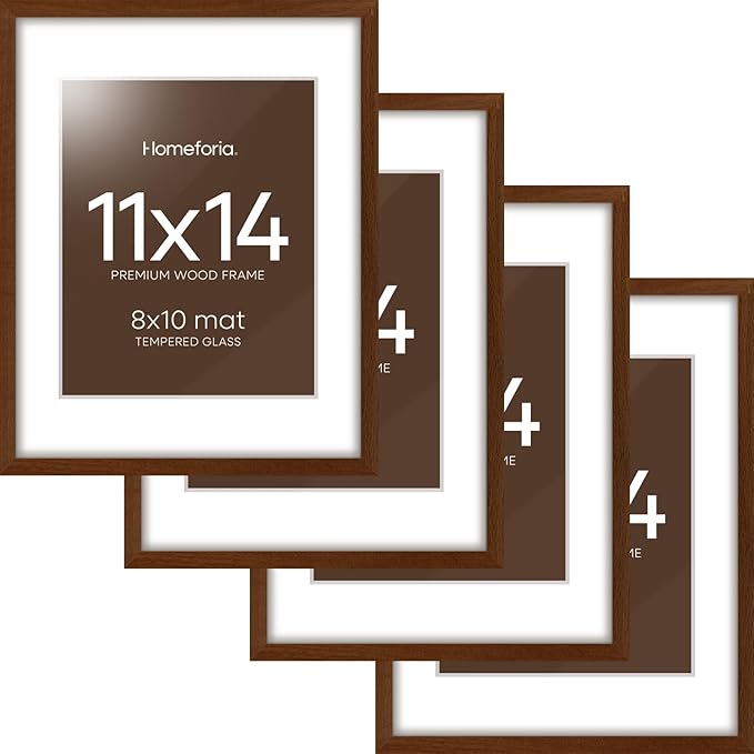 Homeforia 11x14 Brown Picture Frame, High End Dark Oak 11x14 Walnut Poster Frame with Mat 8x10, 11 x 14 Wooden Frame Matted to 8 by 10 inch Photo, 14x11 Thin Frames, Tempered Glass, Wall Kit, Set of 4
