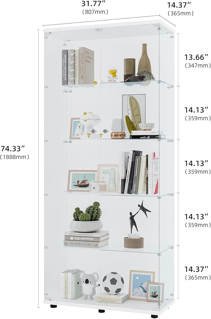 Yoluckea 5 Shelves Glass Display Cabinet with 2 Doors, Floor Standing Clear Glass Curio Cabinet Collection Display Case for Living Room Bedroom 73.82” x 31.69” x 14.37” White