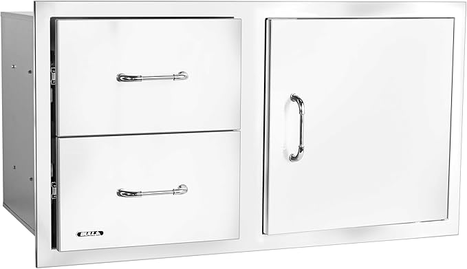 Bull Outdoor Products 30-Inch Outdoor Kitchen Bundle – Angus 75,000 BTU Built-In Grill Head, Grill Cover, Door & 2 Drawer Combo with Reveal, Glass Door & Contemporary Refrigerators – LP