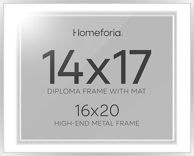 Homeforia 16x20 Diploma Frame Silver, High End Metal 16 x 20 Certificate Frames with Mat for 14 x 17, 20x16 Document Frame Matted to 14x17, Graduation Degree Frames, Tempered Glass, Wall Kit, Set of 1