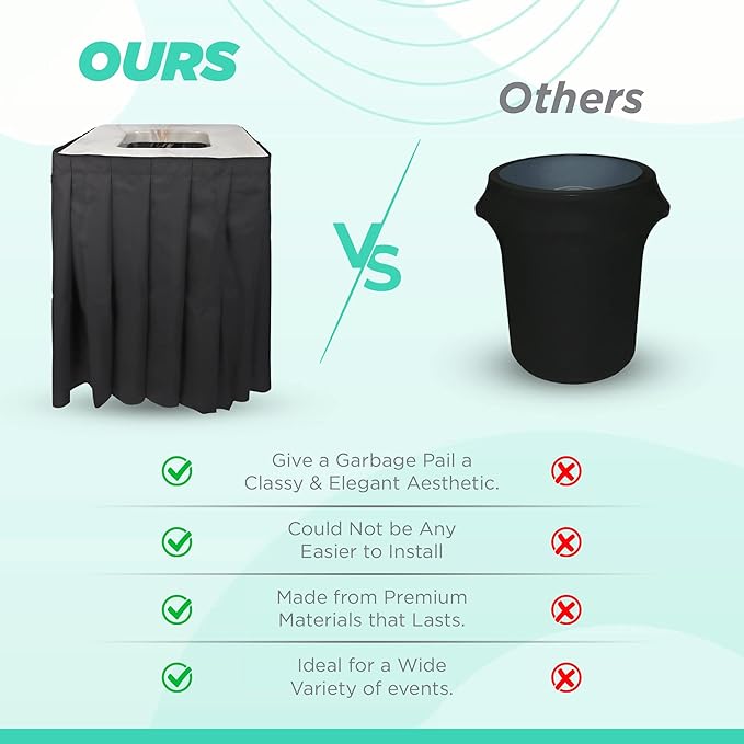 Square Black Trash Can Topper Cover With Solid Pleated Skirt | Designed to Fit 32-35 Gallon Trash Cans | Elegant Party Supplies for Weddings, Banquets, Birthday Parties & More (Black Top Green Skirt)