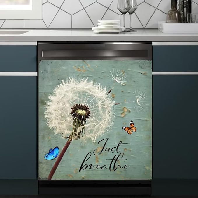 Farm Floral Dandelion Dishwasher Magnet Cover,23"" x 26"" Dishwasher Cover,Retro Countryside Butterfly Magnetic Decal Vinyl Sticker Kitchen Decor Refrigerator Magnets Self Adhesive Wrap, Just Breathe