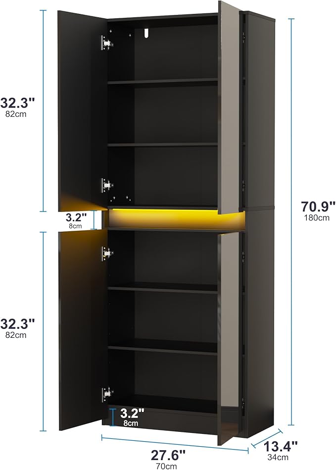 71" Tall Pantry Storage Cabinet, Kitchen Pantry with High Gloss Doors, Modern Buffet Hutch Cabinet with Led Light and Adjustable Shelves for Dining Room, Living Room, Black