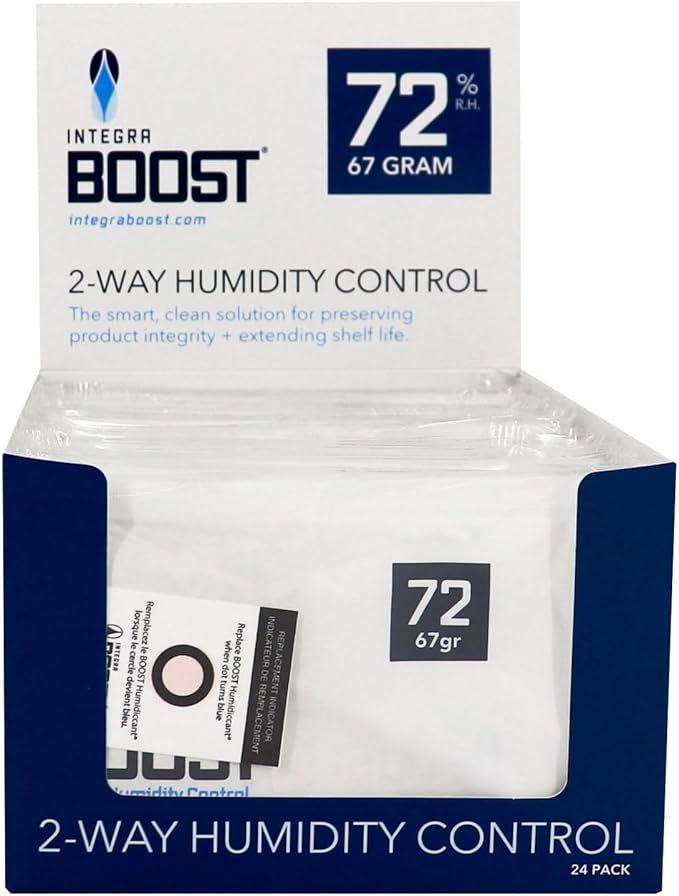 Integra Boost - 72% RH Level - 67 Gram Size - Two-Way Humidity Control Pack - Incl. Replacement Indicator Cards - Food Storage & Herbs Moisture Balancer For Up to 1 LB (Pack of 24)