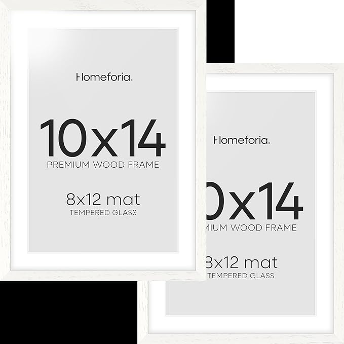 Homeforia White Frame 10x14 Wood, High End Oak 10x14 Picture Frames with Mat 8x12, 10 x 14 White Wooden Poster Frame Matted to 8 x 12 inch Photo, 14by10 Thin Frames, Tempered Glass, Wall Kit, Set of 2