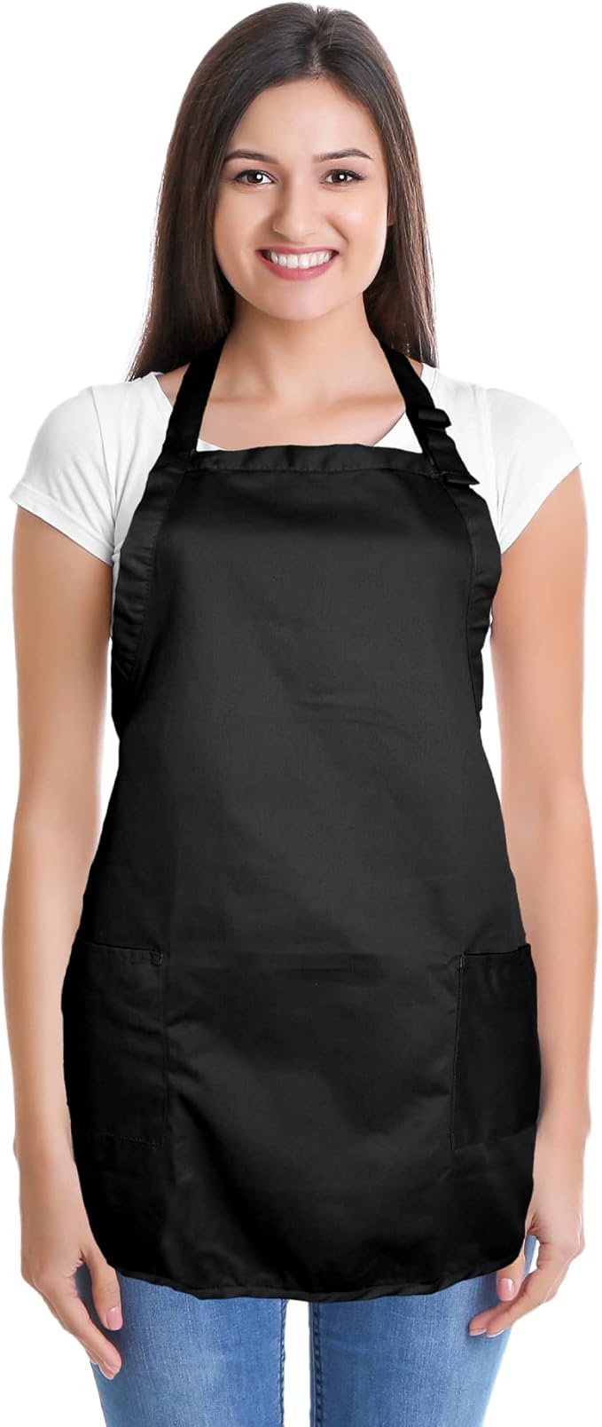 DALIX Apron Commercial Restaurant Home Bib Spun Poly Cotton Kitchen Aprons (2 Pockets) in Black 2 Pack