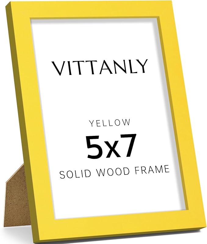 Vittanly 5x7 Picture Frame, Solid Wood Frame with Plexiglass, Includes 4x6 Mat, Wall Hanging or Tabletop for Home Decor, Yellow, 1 Pack