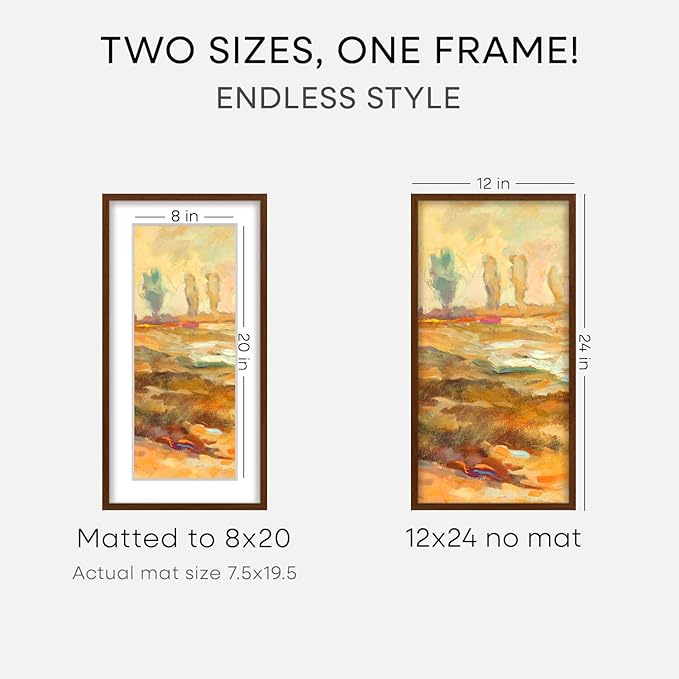 Homeforia 12x24 Picture Frame Brown, High End Dark Oak 12x24 Walnut Wood Poster Frame with Mat 8x20 Print, 12 x 24 Wooden Frame Matted to 8 x 20 Photo, 24x12 Frames, Tempered Glass, Wall Kit, Set of 2