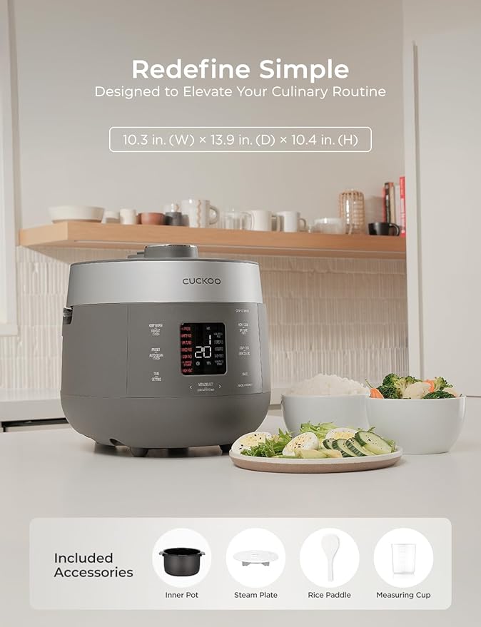 CUCKOO Twin Pressure Rice Cooker 6-Cup Uncooked / 12-Cup Cooked with Nonstick Inner Pot, Versatile Rice Maker & Warmer with 16 Menu Options, Open Cooking Mode, Voice Guide, Gray (CRP-ST0609FG)