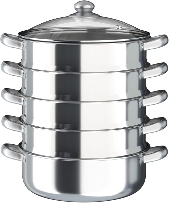 Stainless Steel Steamer Pot, 11.8-Inch Steamer for Cooking, 5-Tier Food Steam Pots with Lid for Cooking Vegetables, Seafood, Soups, Stews, Dumplings and Pasta