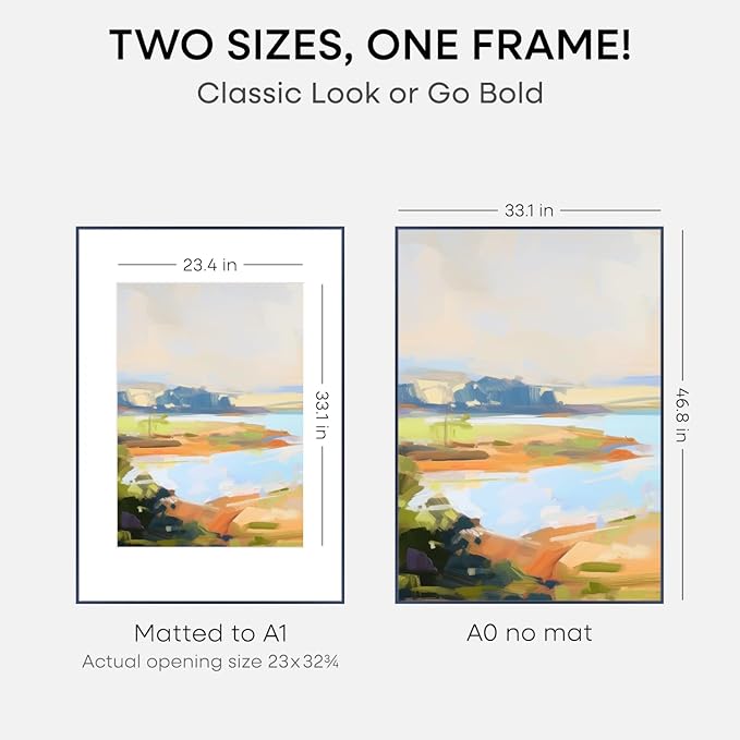 Homeforia A0 Poster Frame Navy Blue, High End Metal A0 Large Picture Frames with Mat A1 Photo, 33.1 x 46.8 Frames Matted to 23.4 x 33.1 Print, 33.1x46.8 Thin Frames, Tempered Glass, Wall Kit, Set of 1