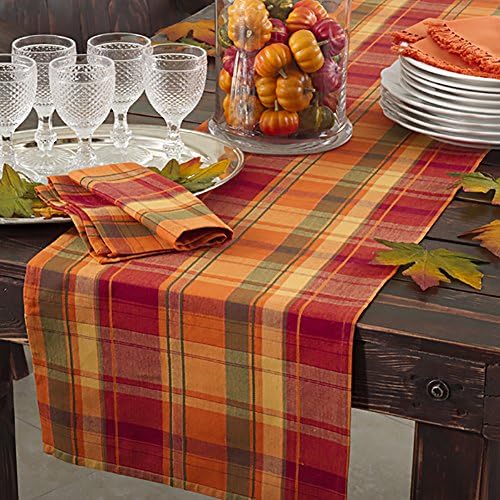 Terracotta Orange Holiday Harvest Plaid Design Cotton Runner. 16"x72" Oblong