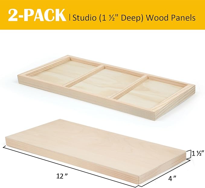 Falling in Art 2 Pack Unfinished Wooden Canvas Panels, 4x12 Gallery Birch Wood Panels Kit, 1 1/2" Deep Art Cradle Boards for Acrylic Painting, Pouring and Burning