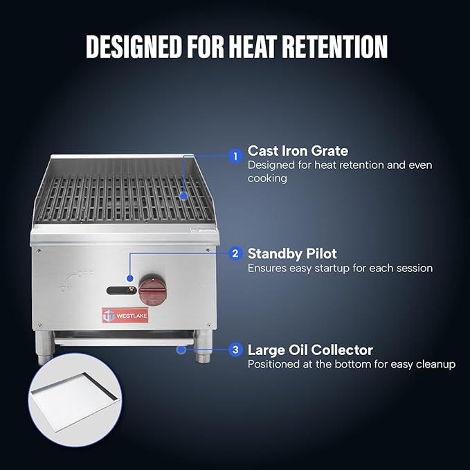 WESTLAKE 16"W Commercial Charbroiler Gas Countertop Single Burner Natural Gas and Propane 30,000 BTU Char Broiler Stainless Steel BBQ Stove Grill for Restaurants
