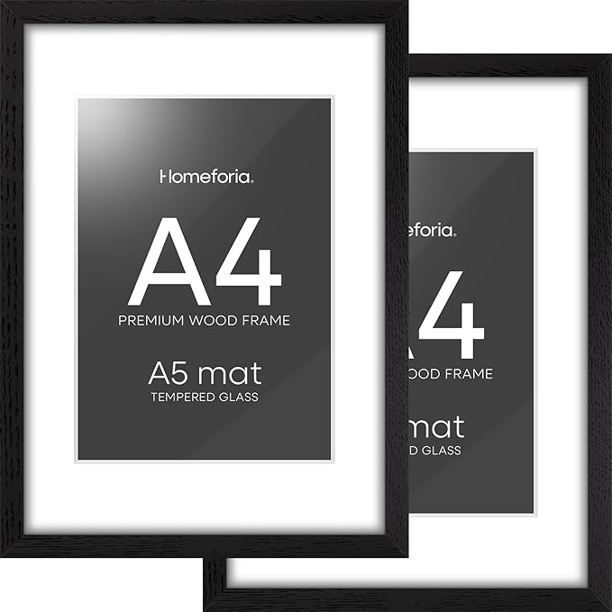 Homeforia A4 Picture Frame Black Wood, High-End Oak 8.3 x 11.7 Black Poster Frames Matted to 5.8 by 8.3 Photo, 8.3x11.7 Size Wooden Frame with Mat for 5.8x8.3 Print, Tempered Glass, Wall Kit, Set of 2