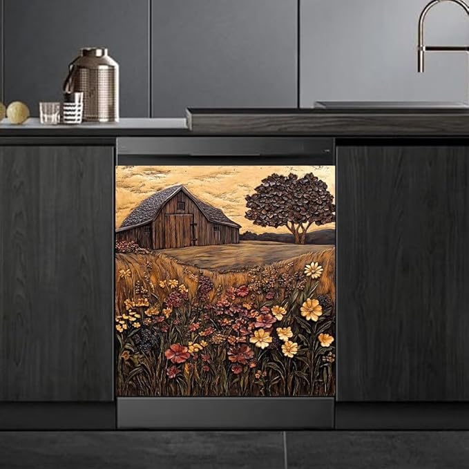 Farmhouse Barn Scene Flowers Magnetic Dishwasher Cover Vinyl Sticker,Vintage Wooden Floral Dishwasher Magnet Cover,Rustic Fridge Door Cover Magnets Art Skin Panel Decal for Home Decor, 23"X26"