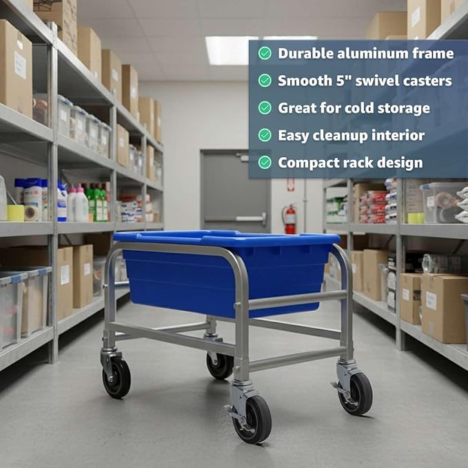 16"x26"x19" Mobile Aluminum Lug Rack with Grey Meat Lug Tote Box - NSF Heavy-Duty 1 Lug Capacity Food Storage Cart with 5" Swivel Casters, Freezer Safe, Commercial Cart for Seafood, Ingredients