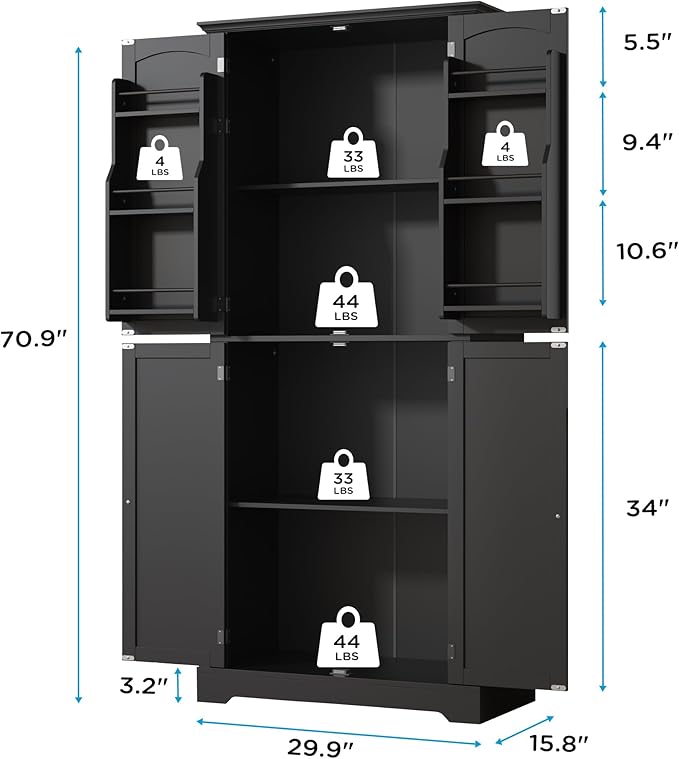 MHOM 71" Tall Pantry Cabinet, Farmhouse Kitchen Storage Cabinet with 6 Hanging Shelves and Adjustable Shelves, Freestanding Cupboard for Kitchen & Dining Room, Black