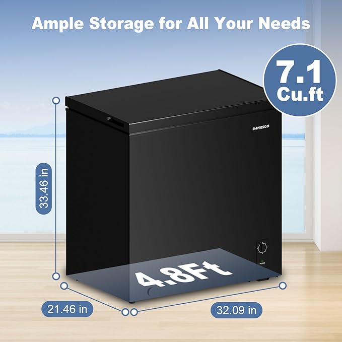 BANGSON 7.1 Cu.Ft Chest Freezer, Deep Freezer with Adjustable Thermostat, Top Open Door Freezer with Removable Basket, Quiet Operation, Ideal for Kitchen/Apartment/Office,Black