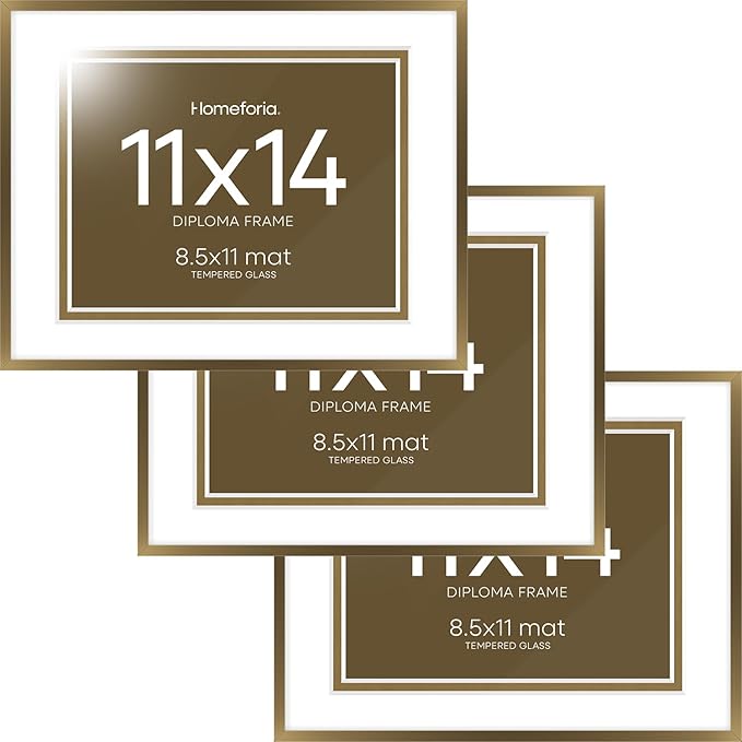 Homeforia 11x14 Diploma Frame Bronze, High End Metal 11 x 14 Certificate Frames with Mat 8.5 by 11, 11by14 Document Frame Matted to 8.5x11, Award Graduation Frames, Tempered Glass, Wall Kit, Set of 3