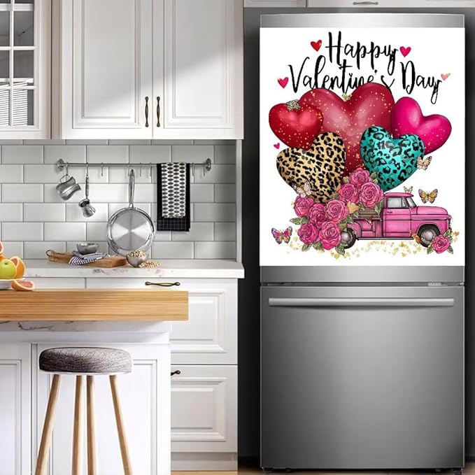 Happy Valentine's Day Magnetic Dishwasher Cover Vinyl Sticker,Pink Truck with Hearts and Roses Dishwasher Magnet Cover, Fridge Door Cover Magnets Art Skin Panel Decal for Home Decor, 23"X26"