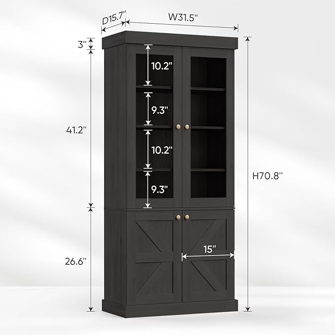 Vyre 71" Tall Farmhouse Kitchen Pantry, Large Storage Cabinets with Glass Doors, Adjustable Shelves, Wood Versatile Hutch Cabinet for Living Room, Dining Room, Kitchen, Black