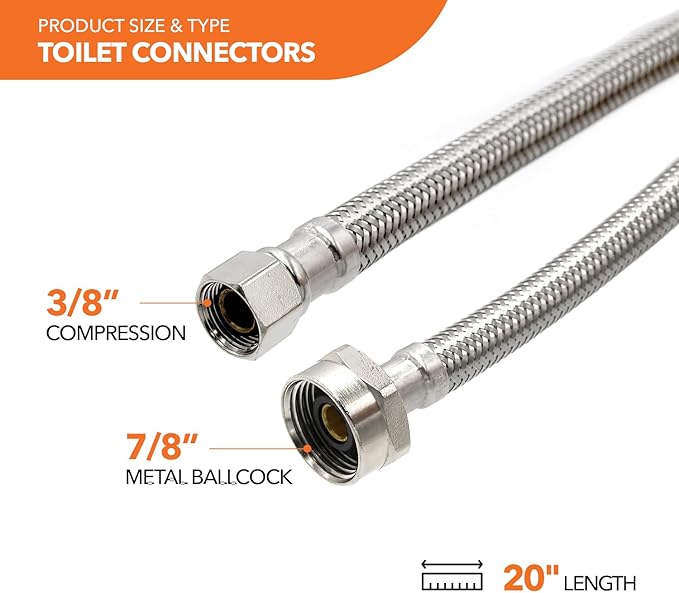 Stainless Steel Braided Water Connectors with Reinforced PVC Inner Hose for Toilets, 3/8" Compression x 7/8" Metal Ballcock, 20" Length (5Pack)