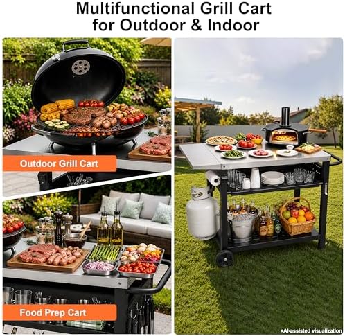Outdoor Grill Cart for Blackstone/Ooni/Ninja, 43.3"x20" Stainless Steel Outdoor Grill Table with Propane Tank Mount & Wheels, Movable Outdoor Cooking Table with Storage for Pizza Oven, Patio, Camping
