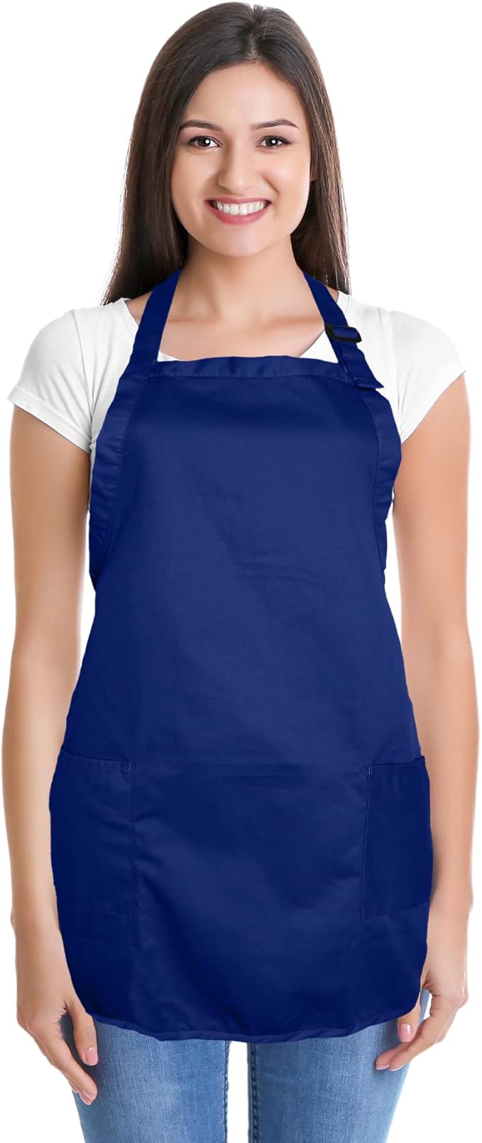 DALIX Apron Commercial Restaurant Home Bib Spun Poly Cotton Kitchen Aprons (2 Pockets) in Navy Blue