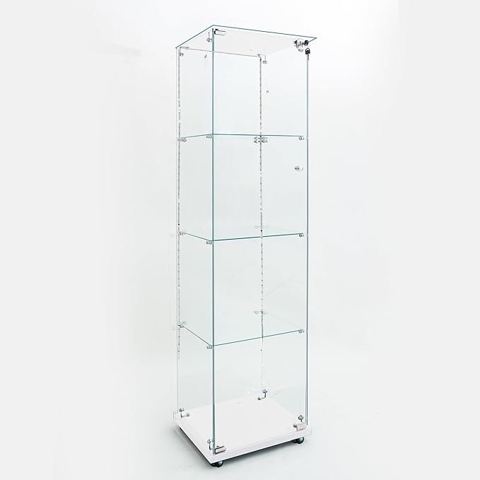 Glass Display Cabinet with LED Light Strip, 4 Shelves with 1 Door, Glass Top Curio Storage Cabinets with Lock & Caster for Living Room, Floor Standing Bookshelf,Quick Installation - White
